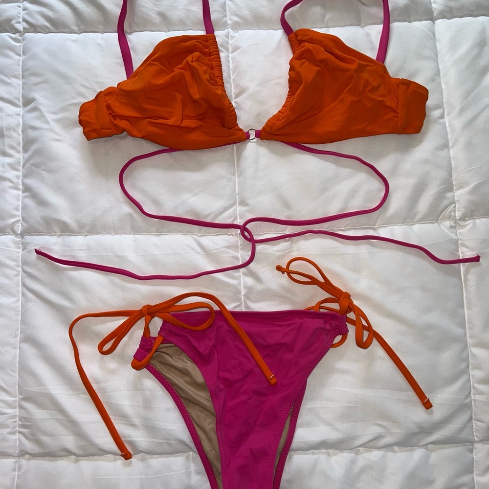 Two-Tone Orange & Hot Pink Stringy Bikini
